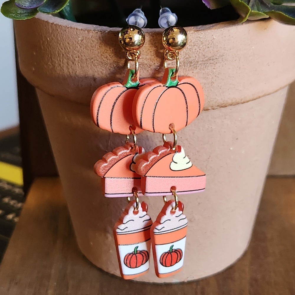 Handmade Pumpkin Spice Latte Pie Dangle Earrings Fall Autumn Orange 2.25"